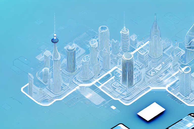 A futuristic cityscape with a focus on technology and digital media