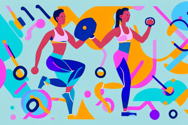 A fitness enthusiast in an active pose surrounded by vibrant colors and shapes