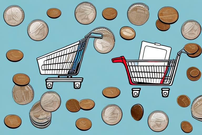A shopping cart with a pile of coins spilling out of it