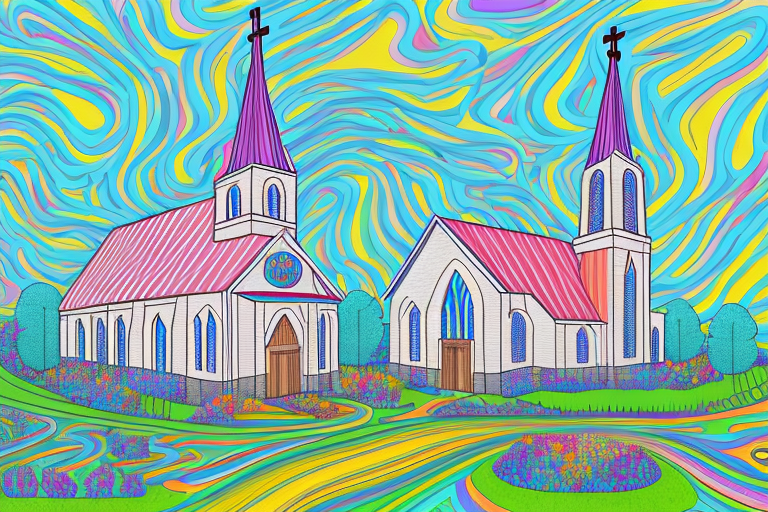 A church or place of worship surrounded by a vibrant landscape