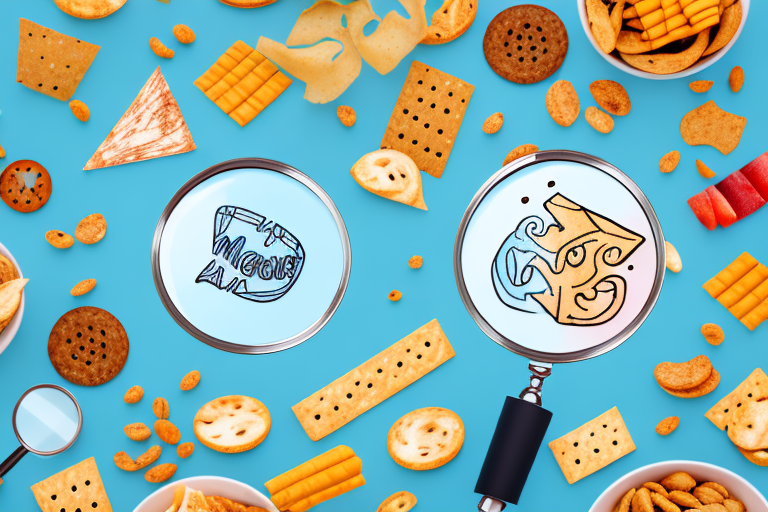 A variety of snack foods with a magnifying glass hovering over them