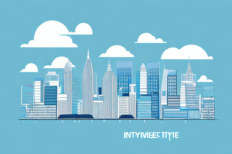 A city skyline with a large building representing an internet service provider in the center