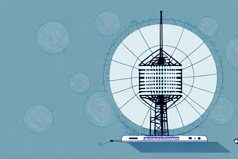 A radio broadcasting tower with a graph of currency fluctuations in the background