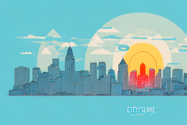 A city skyline with a rising sun in the background