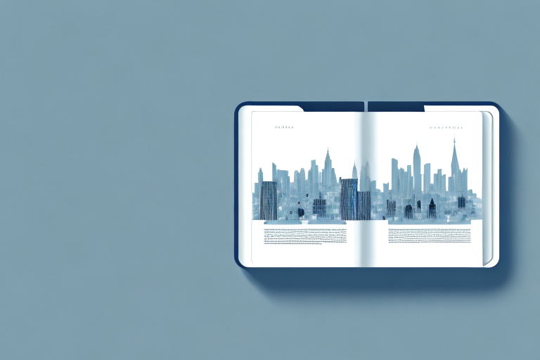 A stack of e-books with a background of a city skyline