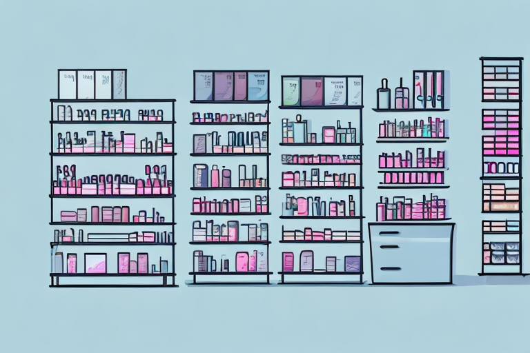 A cosmetics store with shelves of products and a cash register