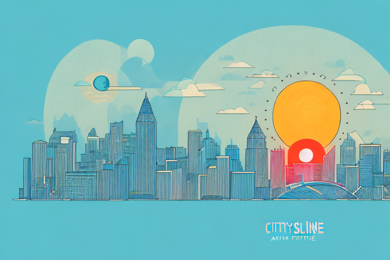 A city skyline with a rising sun