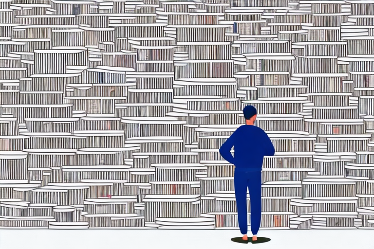 A person standing in front of a wall of books