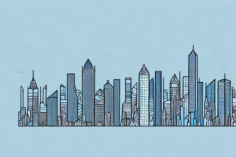 A city skyline with a graph showing a decrease in poverty rates