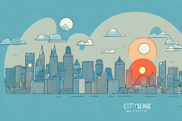 A city skyline with a rising sun in the background