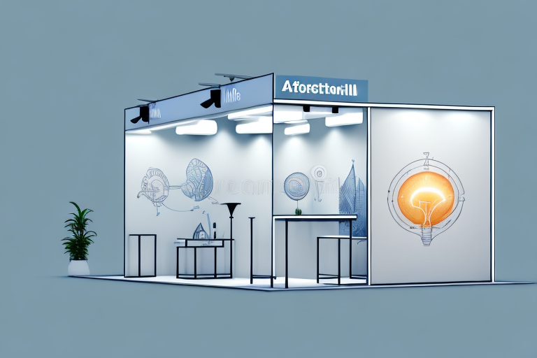 A trade show booth with a large energy-saving lightbulb above it