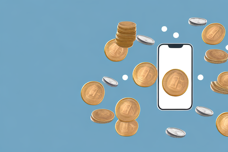 A stack of coins with a mobile phone hovering above it