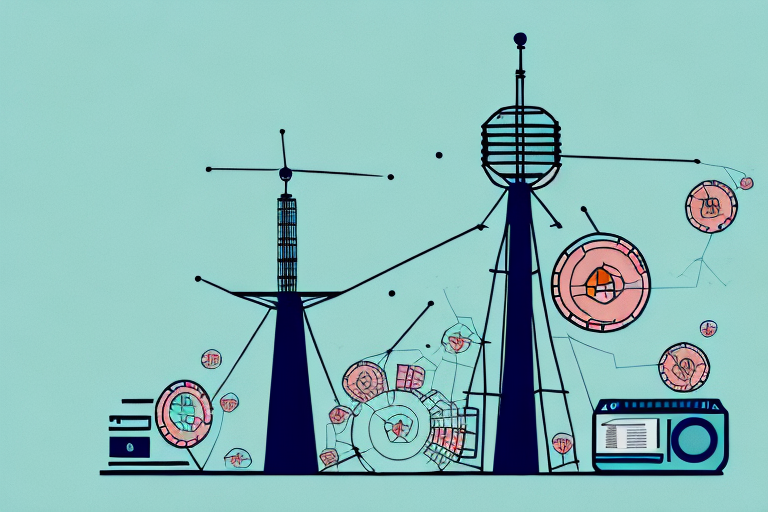 A radio tower with a rising graph of consumer debt levels in the background