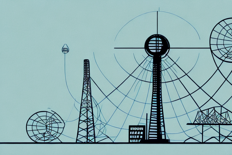A radio tower with a graph showing a declining budget deficit