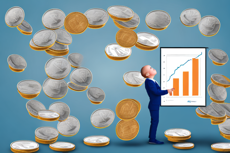 A baby boomer holding a stack of coins with a graph in the background