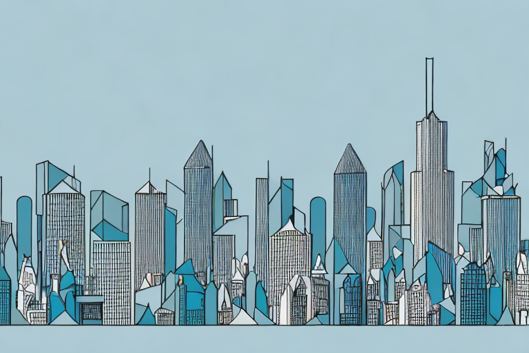 A city skyline with a mix of tall and short buildings