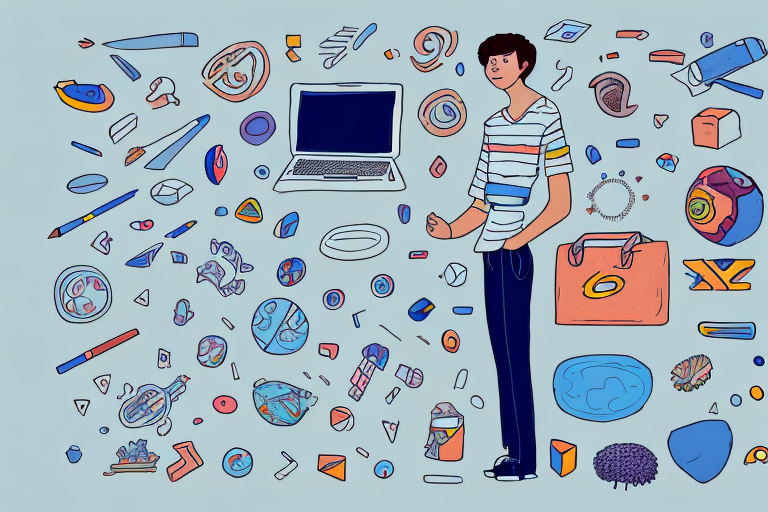 A teenage student surrounded by a variety of objects that represent different marketing strategies