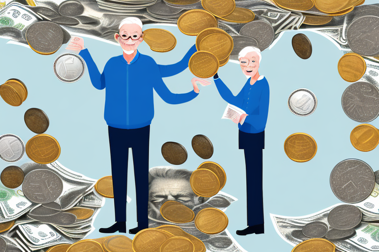 A senior citizen surrounded by a variety of coins and bills