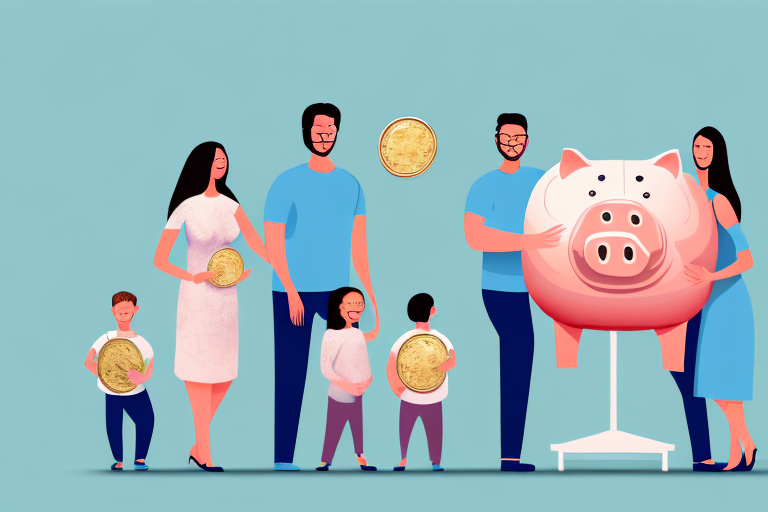 A family of three standing in front of a large piggy bank with coins spilling out of it