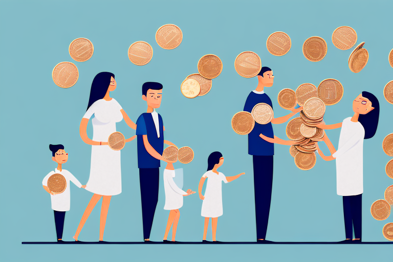 A family with their hands over a pile of coins