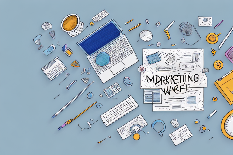 A creative professional surrounded by a variety of tools and resources that represent the idea of making marketing work during inflation