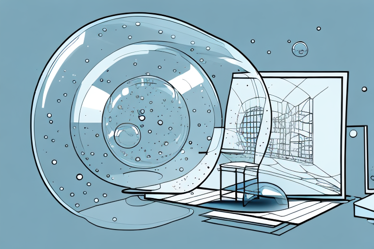 An architect's workspace with a bursting bubble in the background