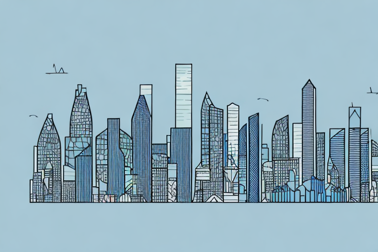 A city skyline with a graph showing a decline in economic growth
