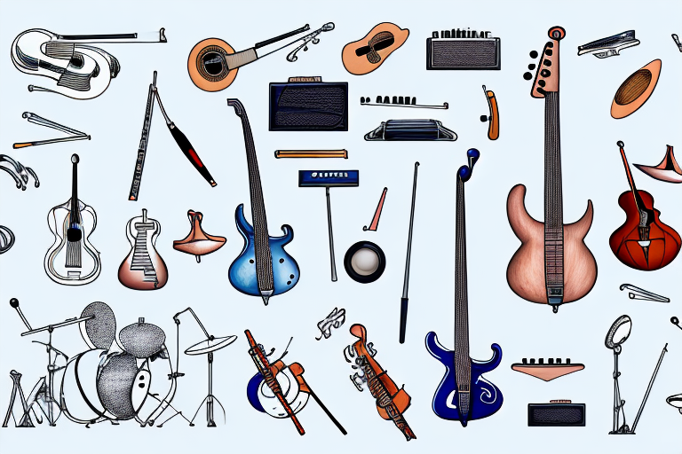 A musician surrounded by a variety of musical instruments and tools