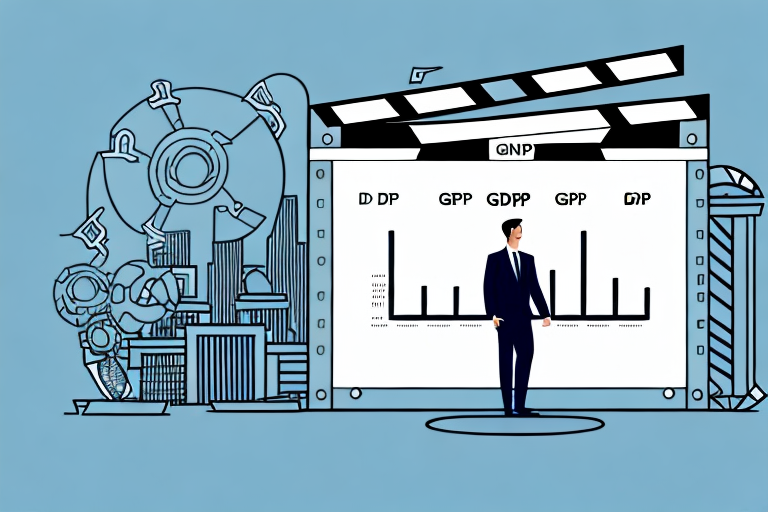 A film or tv industry professional standing in a cityscape with a graph showing a declining gdp growth rate