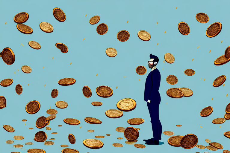 A person standing in a field of falling coins