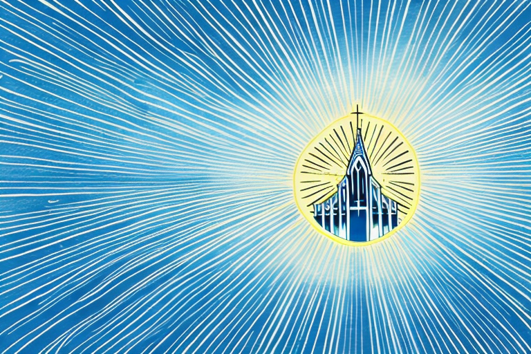 A church or religious building with a sunburst or rays of light radiating out from it