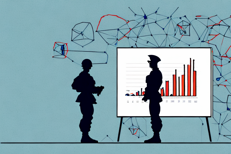 A soldier standing in front of a graph showing the increasing economic inequality of veterans