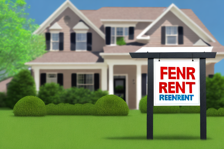A house with a 'for rent' sign in the front yard