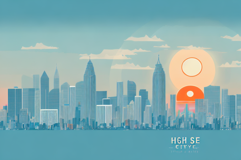 A high-rise city skyline with a rising sun in the background