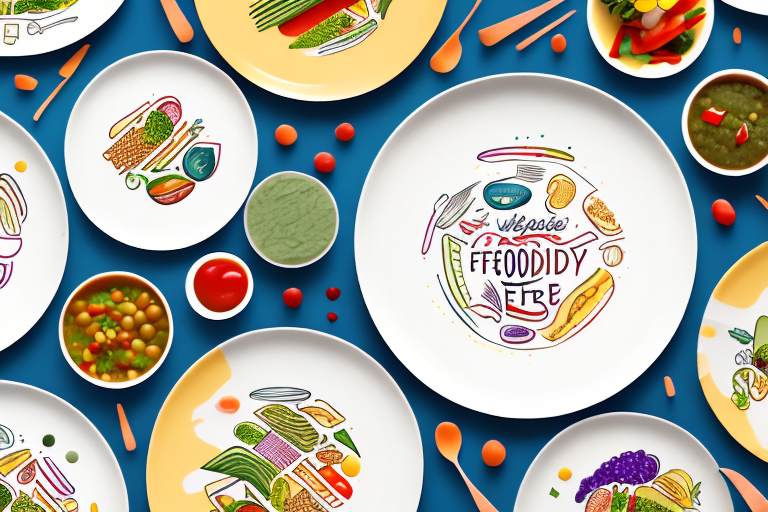 A foodie customer's plate with a variety of colorful dishes and ingredients