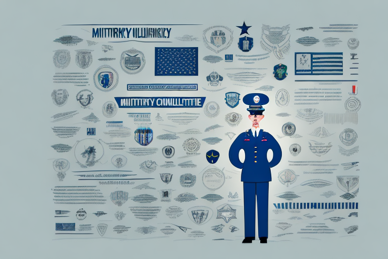 A military veteran surrounded by a variety of infographics