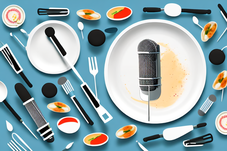 A microphone and a plate of food with a background of kitchen utensils