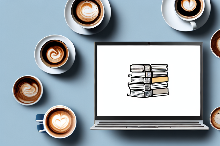 A laptop with a stack of books and a cup of coffee beside it