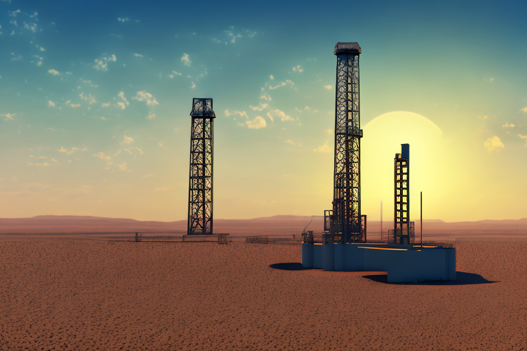 A large oil and gas drilling rig in a barren landscape