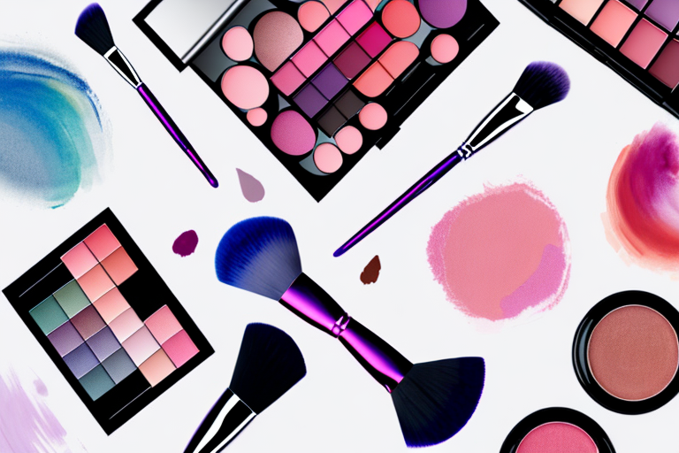 A colorful beauty product palette with a variety of makeup brushes