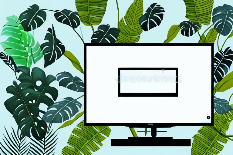 A tv screen surrounded by plants and wildlife