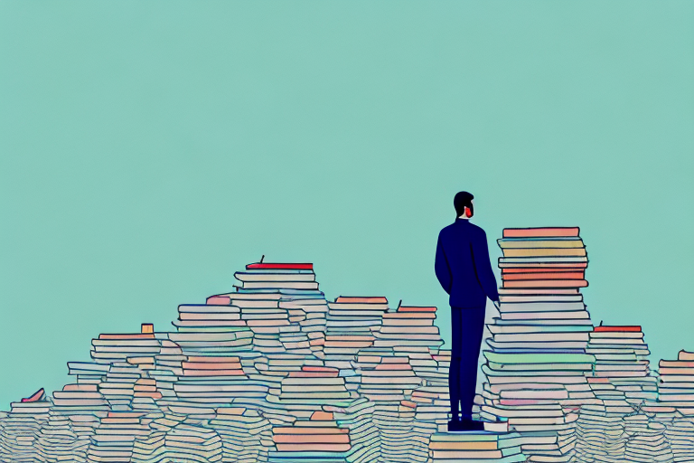 A person standing atop a mountain of books